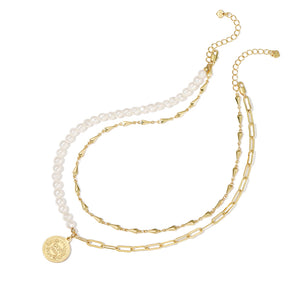 Isle of Man Coin Double Chain Pearl Necklace