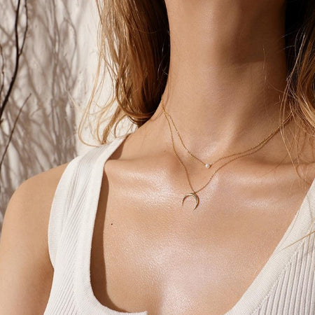Crescent Moon & Pearl Double Chain Necklace