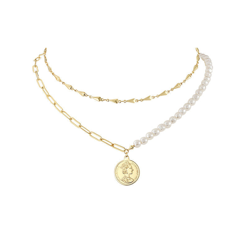 Isle of Man Coin Double Chain Pearl Necklace